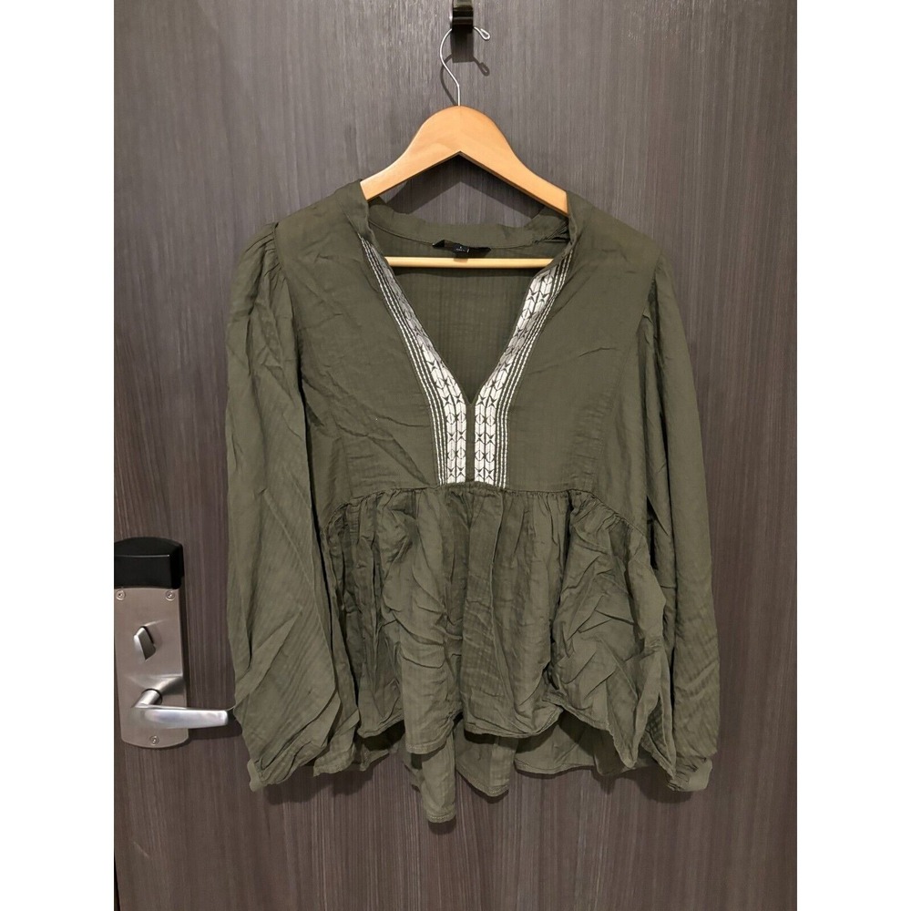 Banana Republic Blouse Top Women's Large Olive Green Dolman‎ Sleeve Split Neck